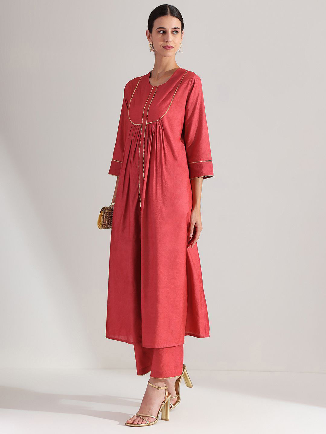 Pink Fort Women Geometric Embroidered Gotta Patti Round Neck A-Line Kurta with Trousers