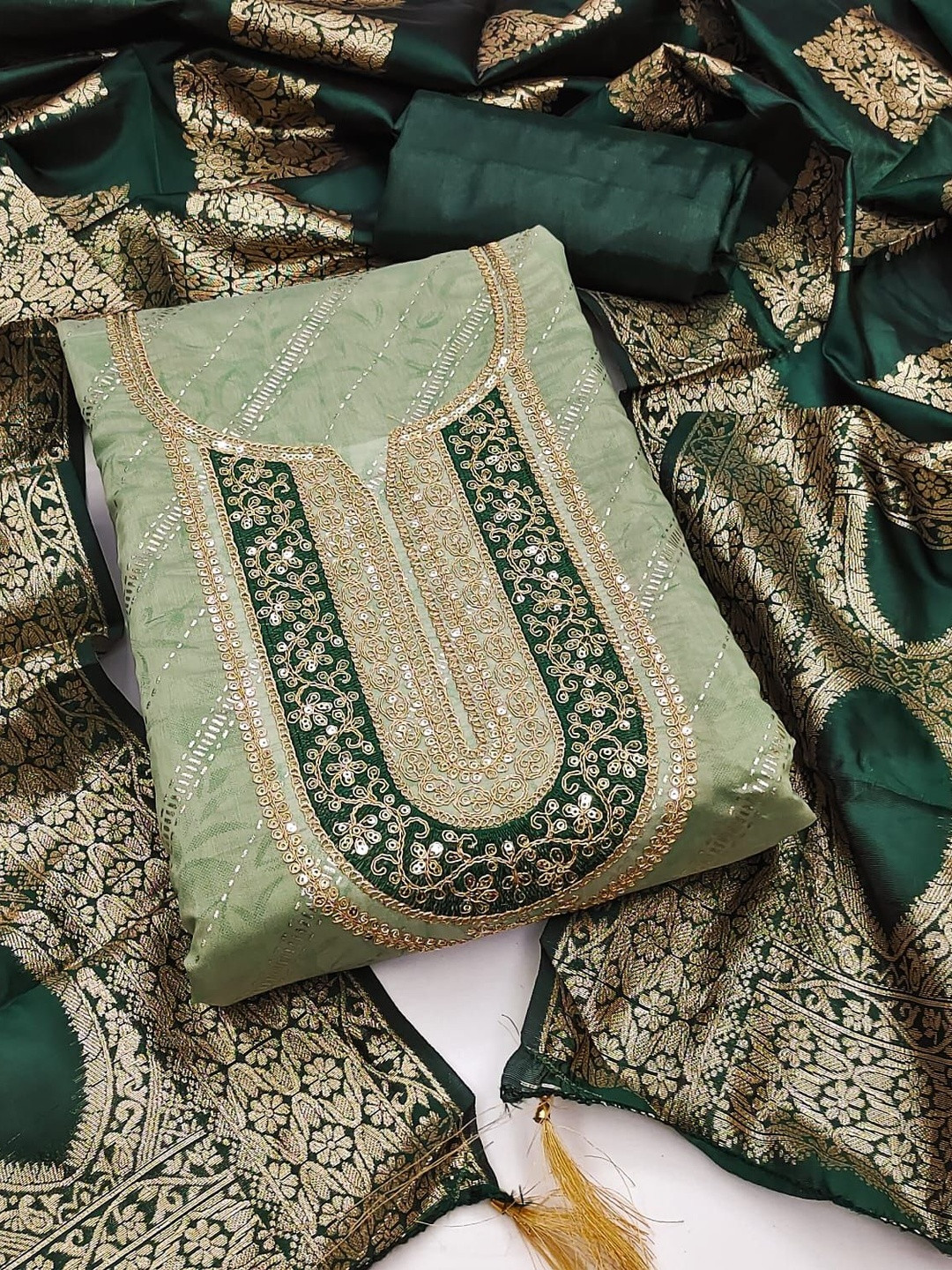 Green Chanderi Printed With Codding Work Unstitched Dress Material