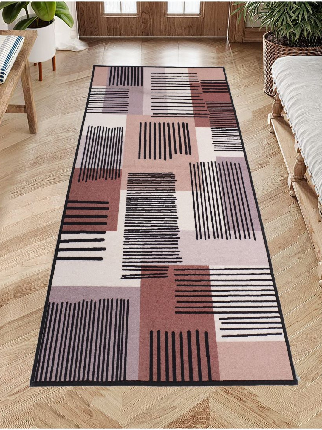 MODEFE Violet & Black Striped Anti-Skid Loop Pile Floor Runner