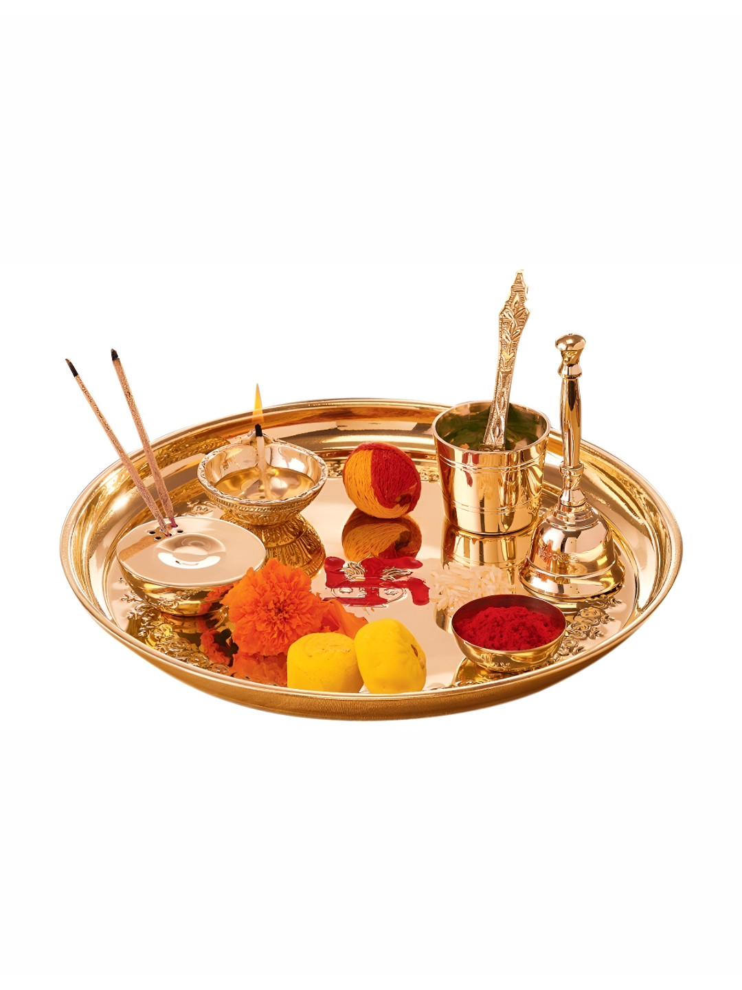 CraftVatika Gold Toned 7 Pieces Textured Pooja Thali Set