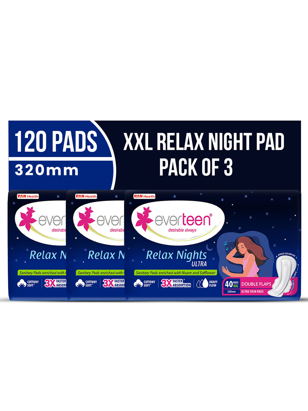 everteen Set Of 3 Relax Nights Ultra Sanitary Pads XXL with Cramps Roll On - 40 Pads Each