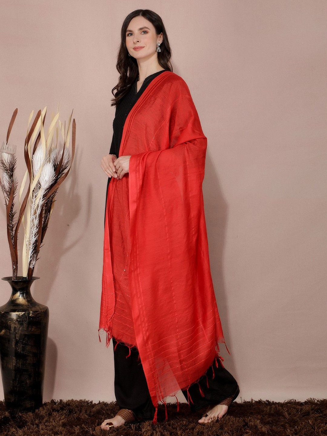 A R SILK DUPATTA HUB Woven Red Sequined Design Dupatta