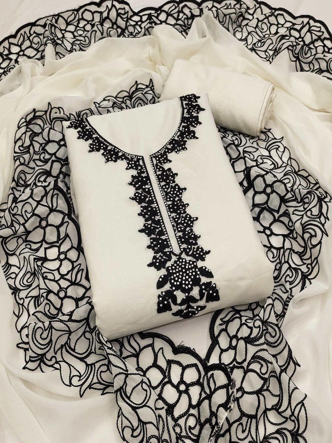 Off White Thread Embroidery Unstitched Georgette Dress Material