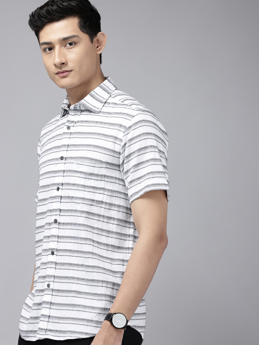 ColorPlus Horizontal Stripes Textured Casual Shirt