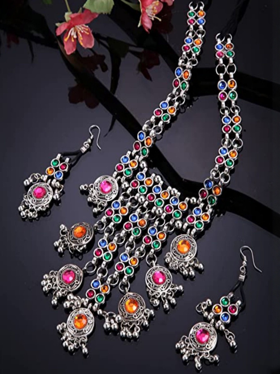 FASHION EMPIRE Women Multicolor Beaded Silver-Plated Oxidized Brass Necklace & Earrings