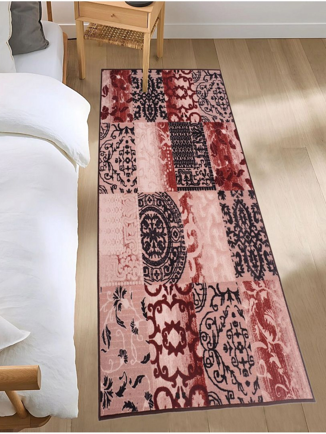 MODEFE Peach & Maroon Ethnic Motifs Printed Anti-Skid Loop Pile Floor Runner