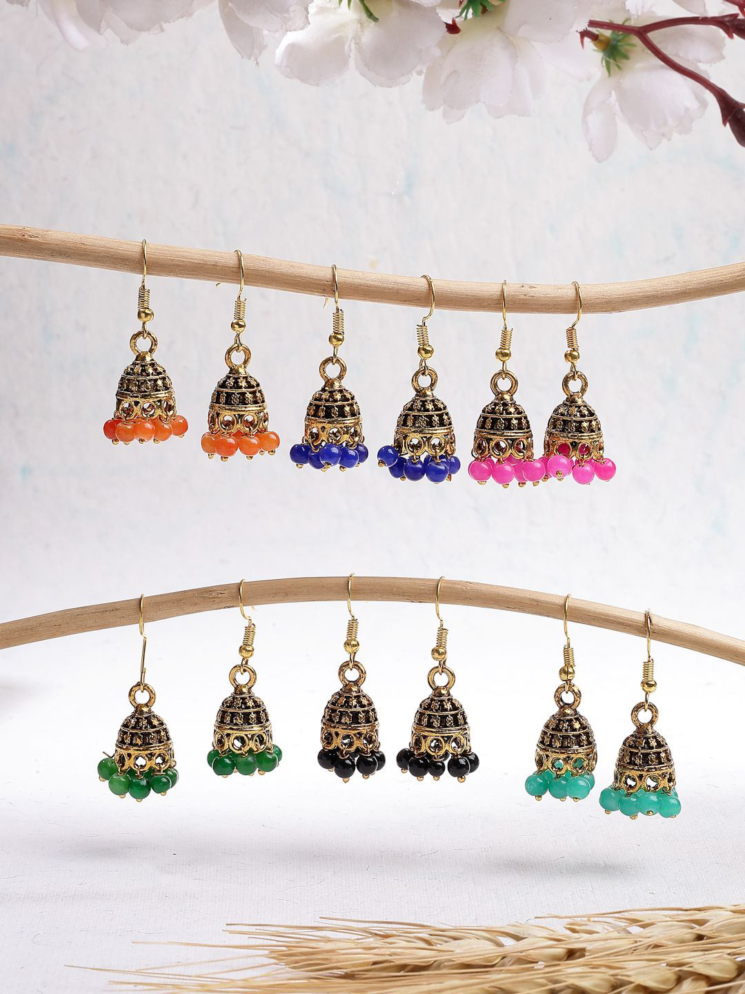 Sukkhi Set Of 6 Gold-Plated Oxidised Artificial Beaded Dome Shaped Jhumkas