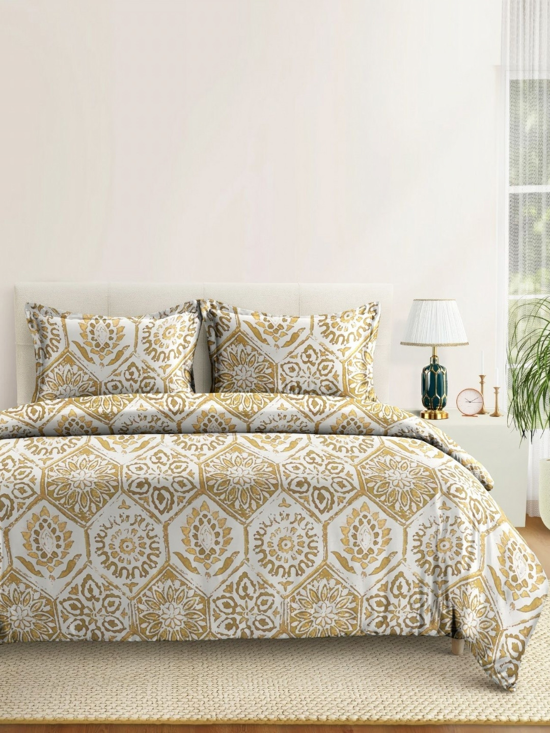 Aura Mustard & White Ethnic Motifs Microfiber 230 TC King Bedsheet Set 1.04 m x 90 cm