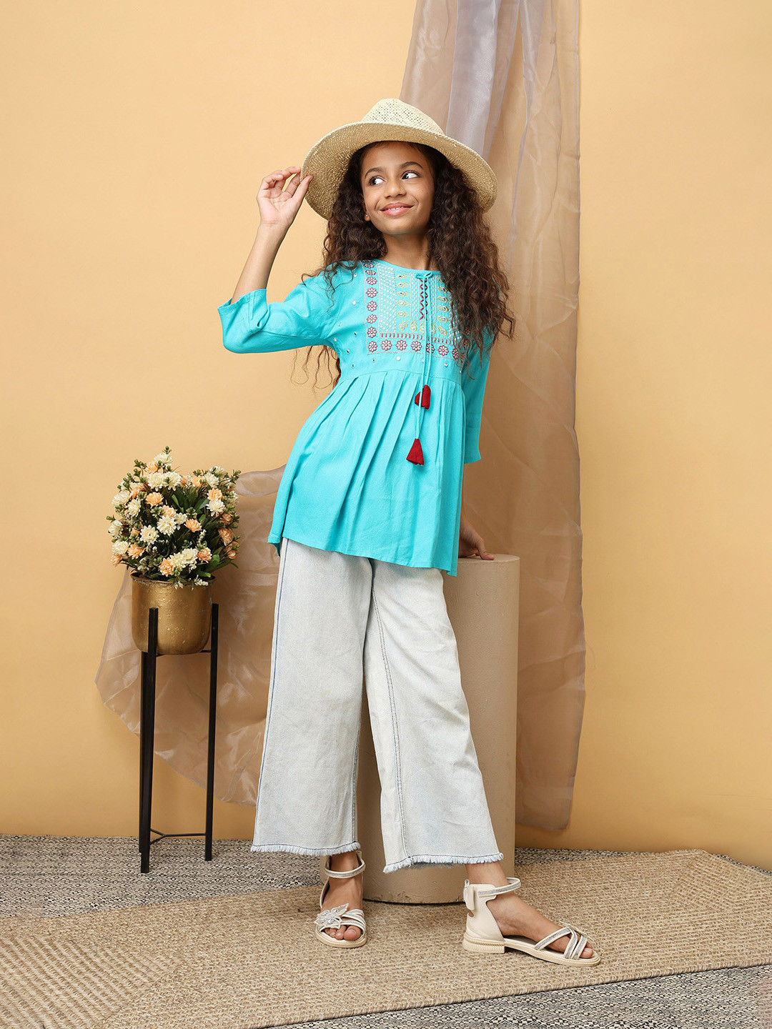 Miss & Chief Girls Floral Embroidered Tie-Ups A-Line Top