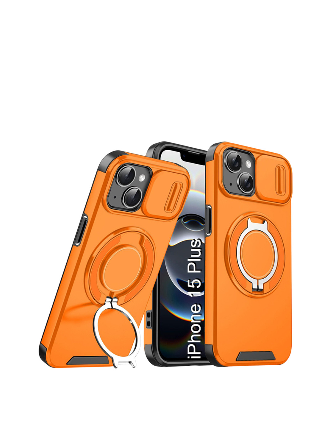 Luxury Kase Shockproof iPhone 15 Plus Magnetic Kickstand Back Case With Slide Camera Cover