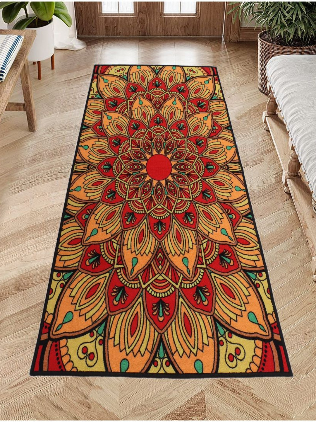 MODEFE Red & Orange Floral Printed Anti-Skid Loop Pile Floor Runner