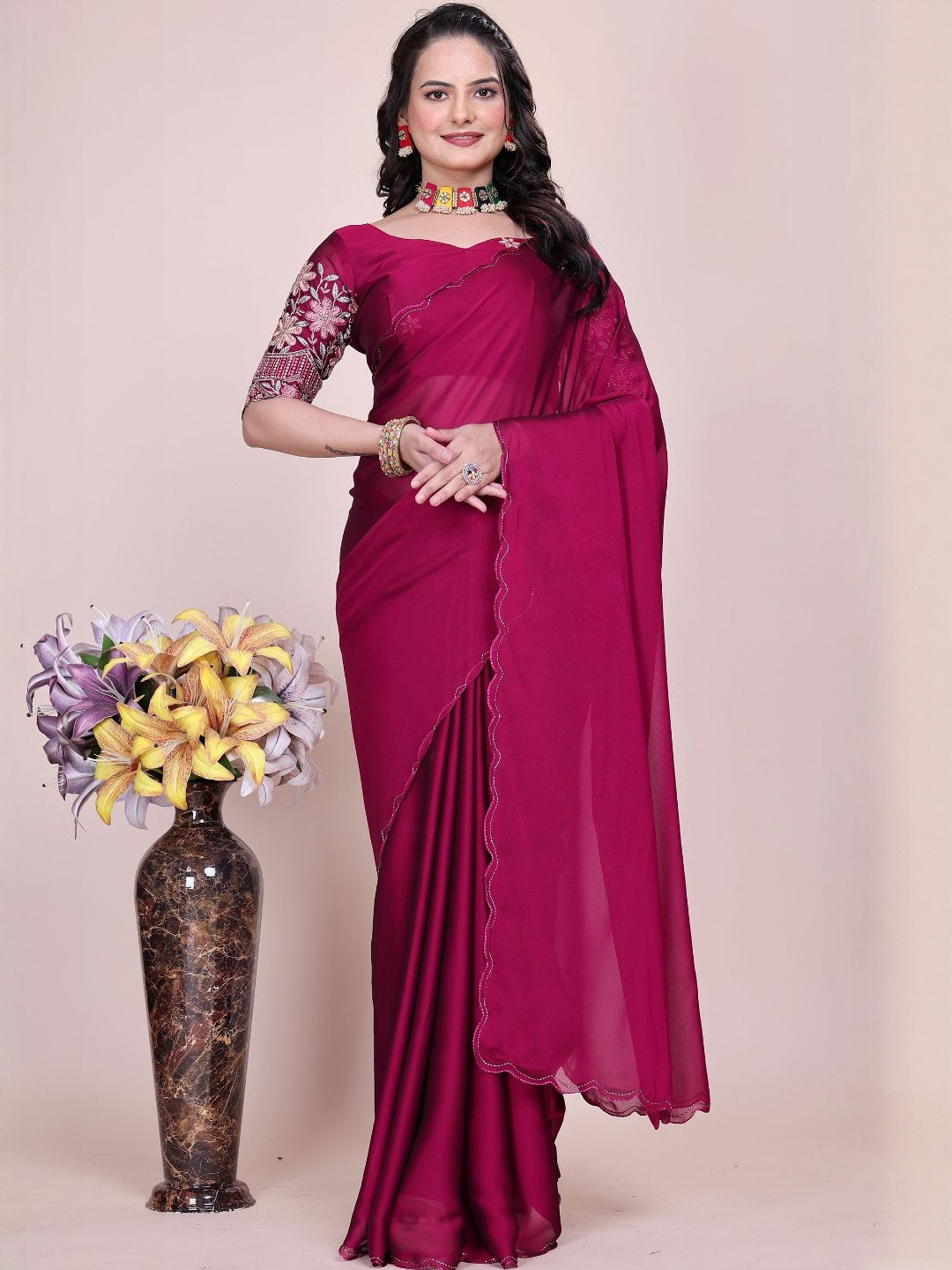 Zenophily Embroidered Pure Chiffon Saree With Desinger Blouse