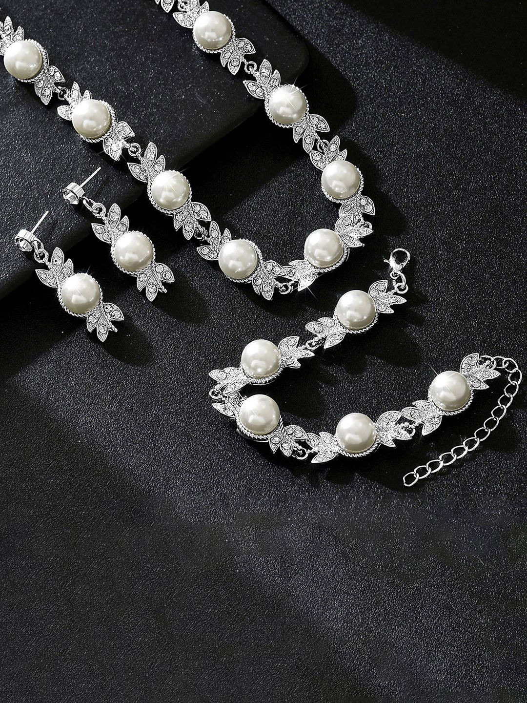 Peora Silver-Plated Pearls & Crystal Studded Necklace With Bracelet & Drop Earrings