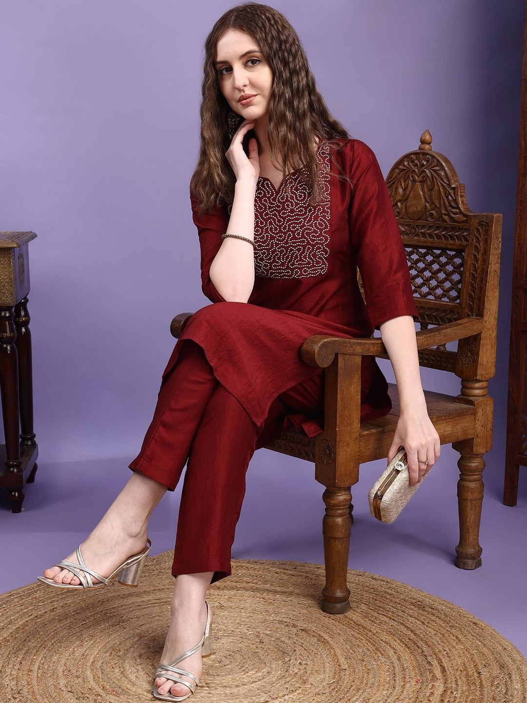 KALINI Women Maroon Embroidered Thread Work Kurta Sets