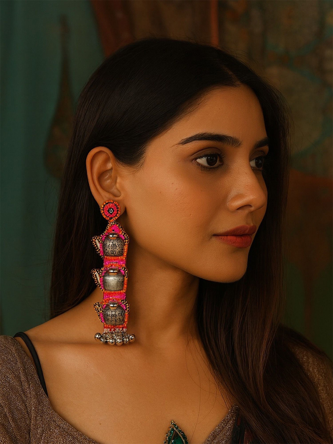 Digital Dress Room Set Of 2 Silver-Plated Ghungroo Beaded Tea Kettle Shaped Drop Earrings