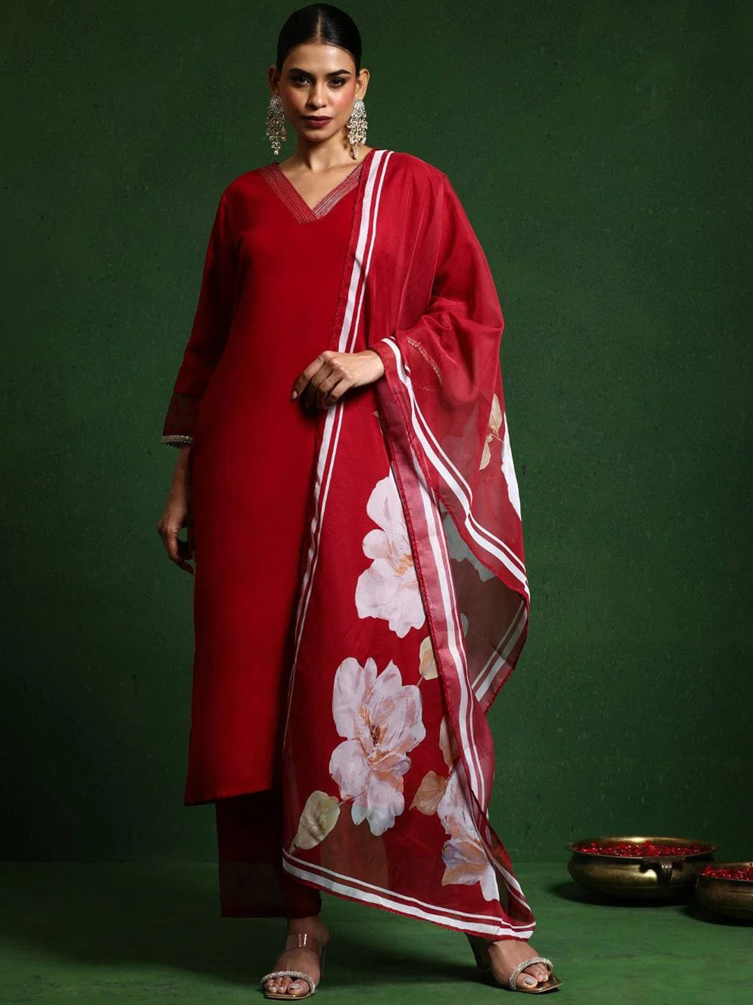 AG TEXTILE V-Neck Chanderi Silk Straight Kurta With Trousers & Dupatta
