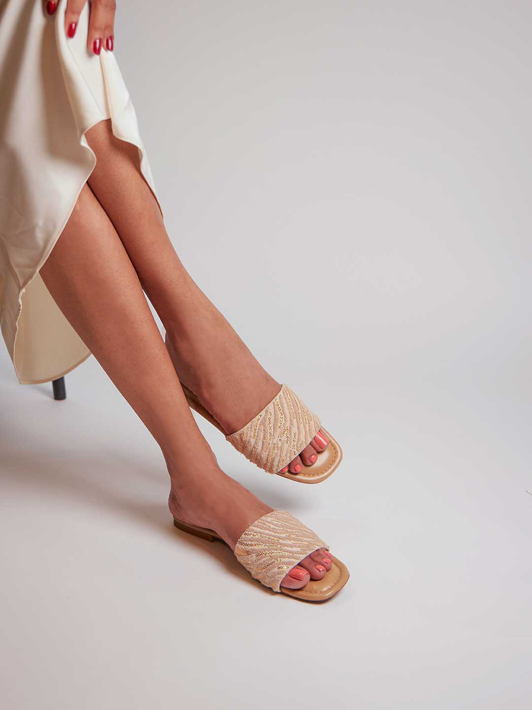 CAI Women Beige Thread Sequin Flat