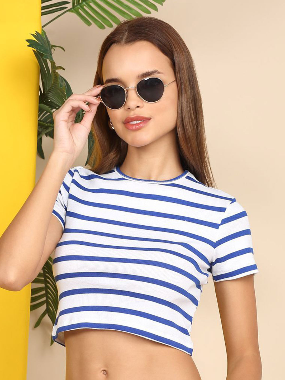 Dressitude Striped Cotton Fitted Crop Top