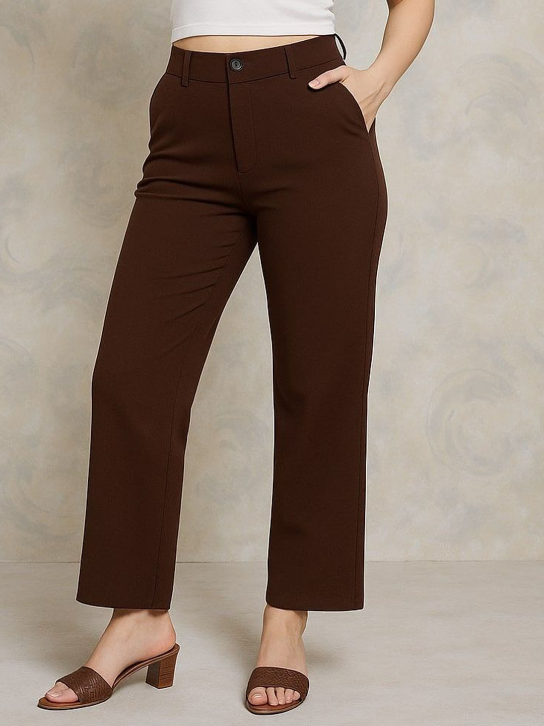 NUCOUTHS Women Mocha Mousse Relaxed High-Rise Trousers