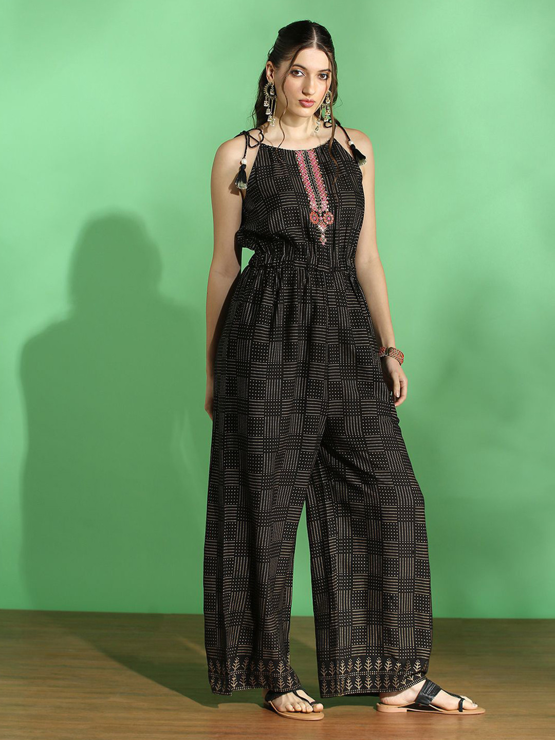 Globus Shimmer And Shine Women Printed Embroidered Tie-Up Sleeve Basic Jumpsuit