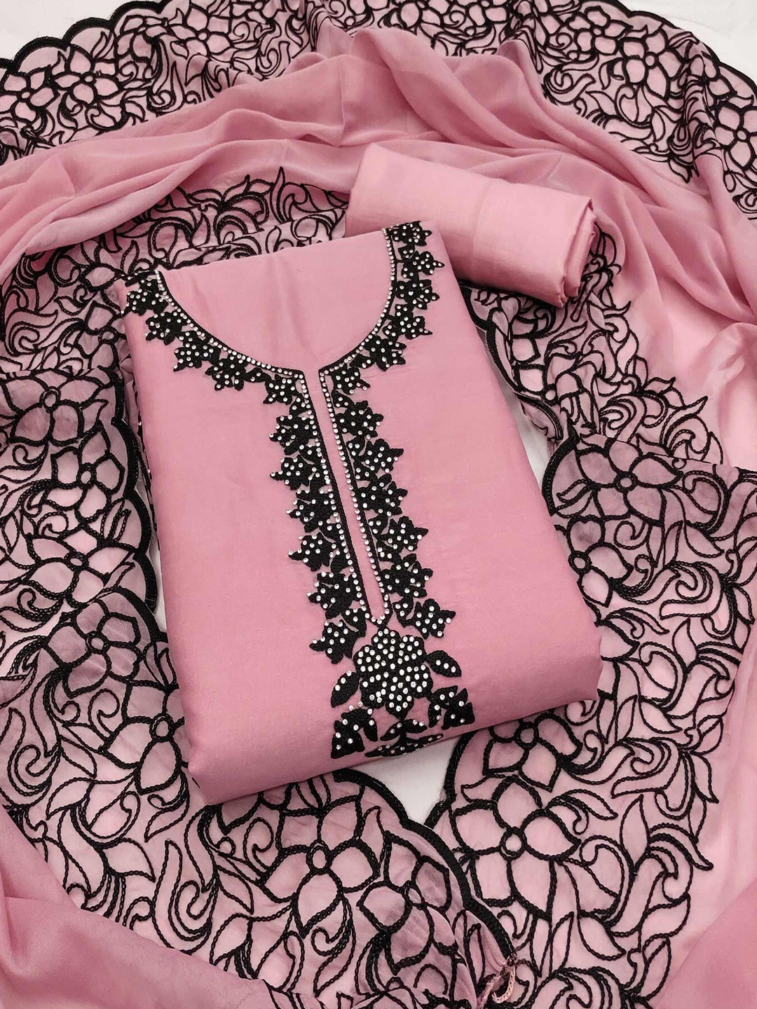 Pink Thread Embroidery Unstitched Georgette Dress Material