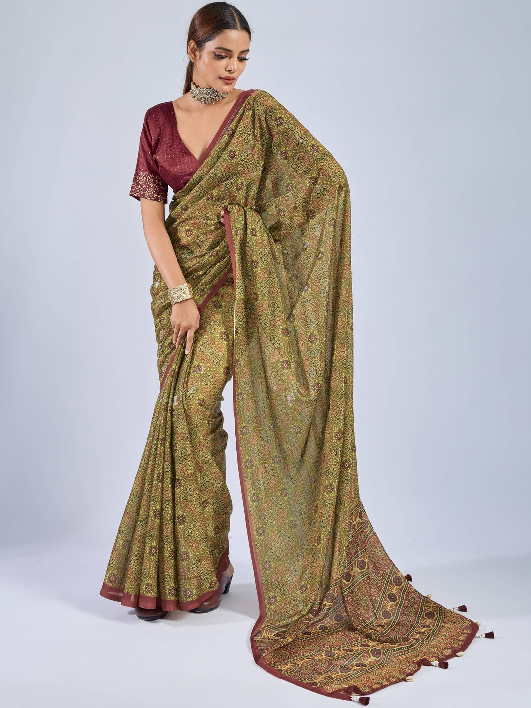 Sedora Couture Ajrak Block Printed Sequinned Saree