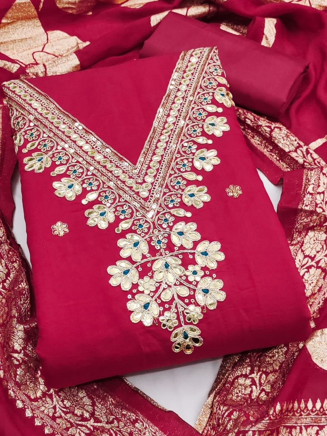 Pink Roman Silk Codding Work Unstitched Dress Material