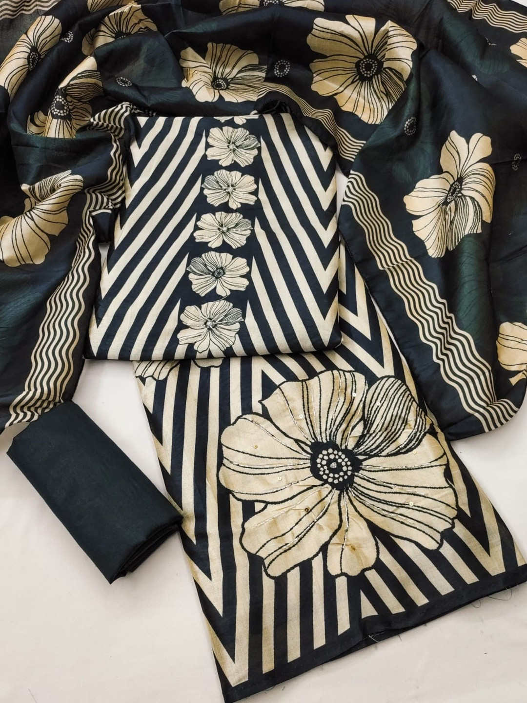 Black Asam Silk Digital Printed With Khatli Work Unstitched Dress Material