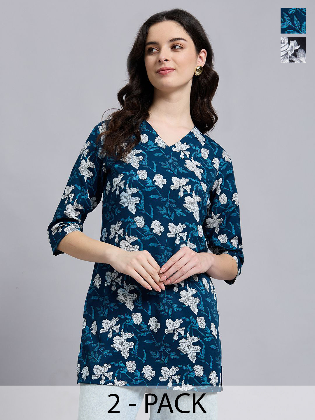 THE FAB FACTORY Women Pack of 2 Floral Printed Roll-Up Sleeves Top