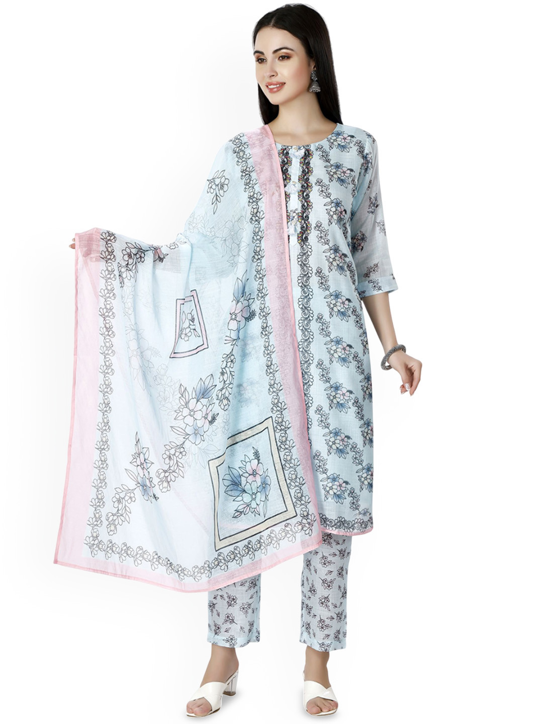 IRIS WOMEN Women Floral Printed Regular Beads and Stones Kurta with Trousers & Dupatta