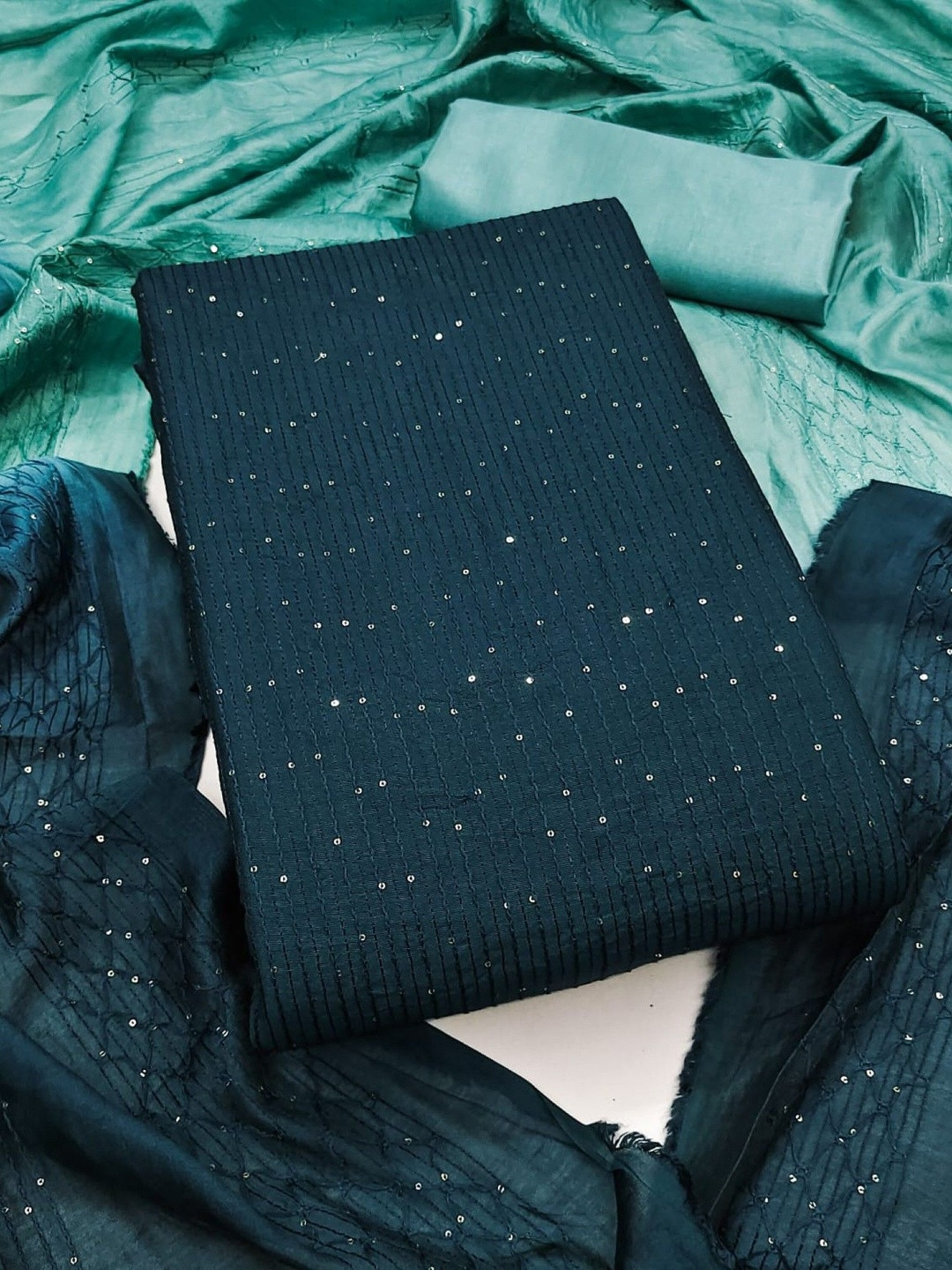 Blue Soft Chanderi Sequence Embroidery Work Unstitched Dress Material