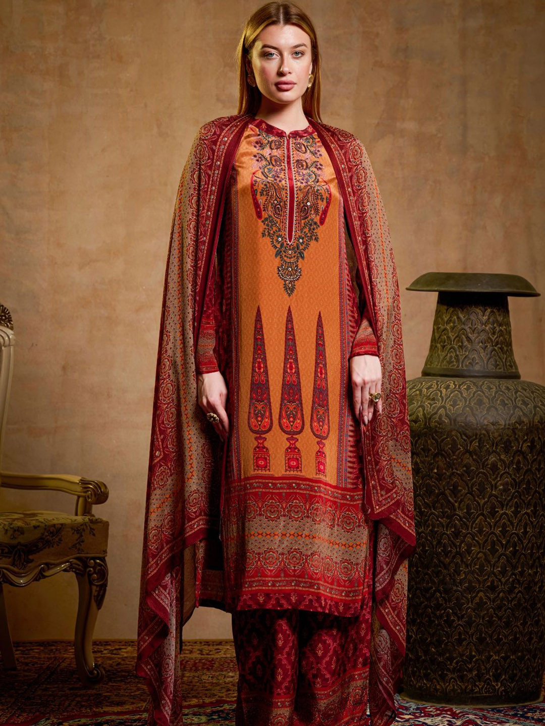THE BARI Floral Printed Straight Kurta With Trousers & Dupatta