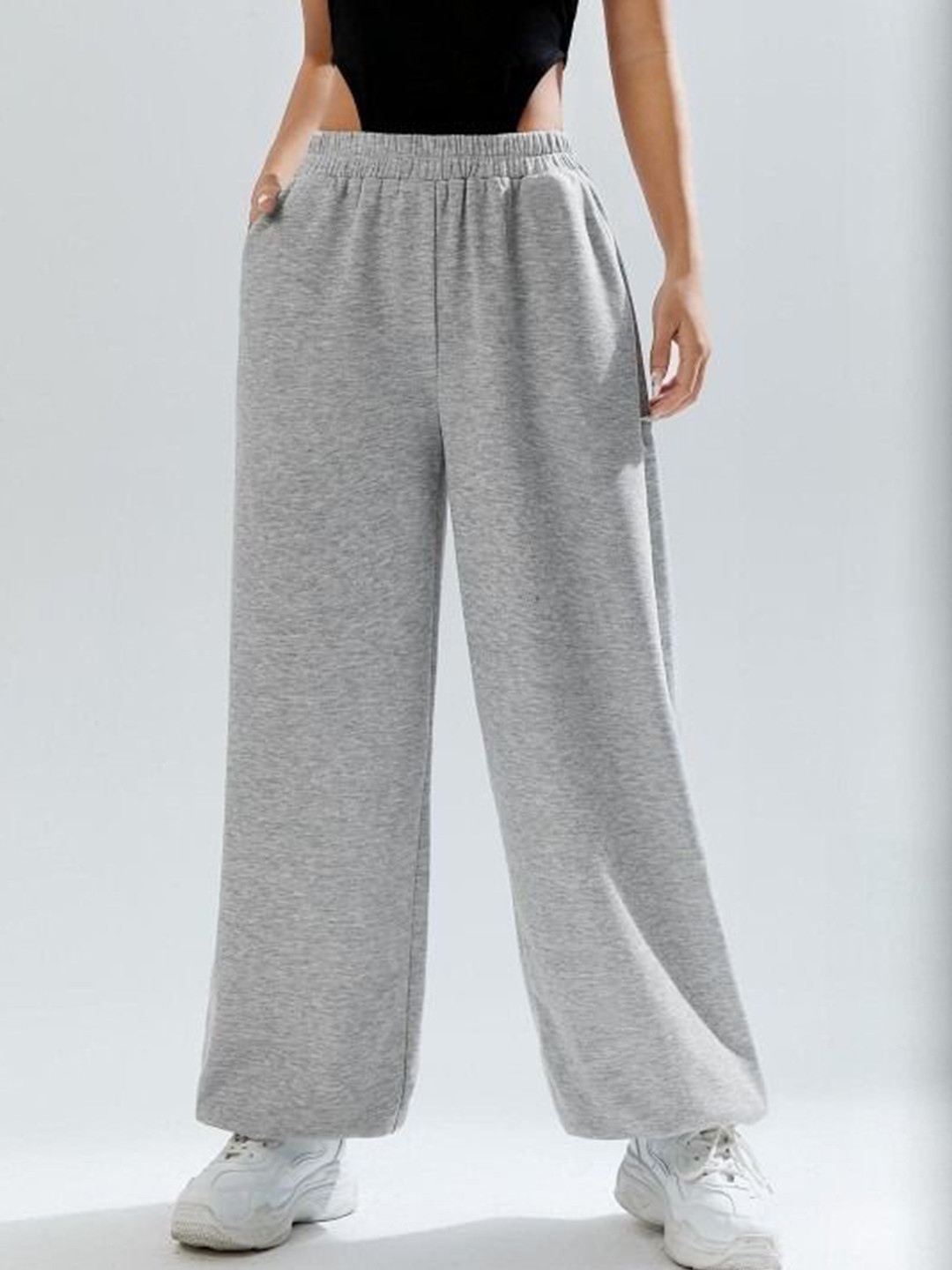 YOU FOREVER Women Grey Solid Loose Fit Cotton High Rise Track Pants
