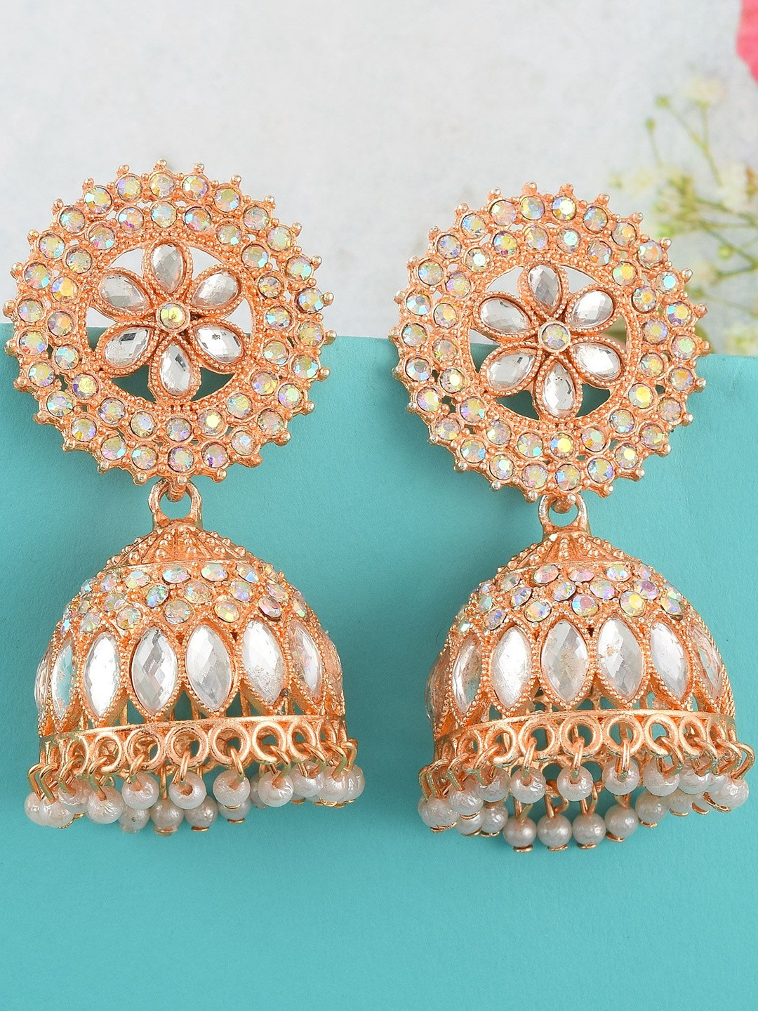 Brass Pink Rose Goldplated Kundan Traditional Jhumki Earrings Ethnic Women