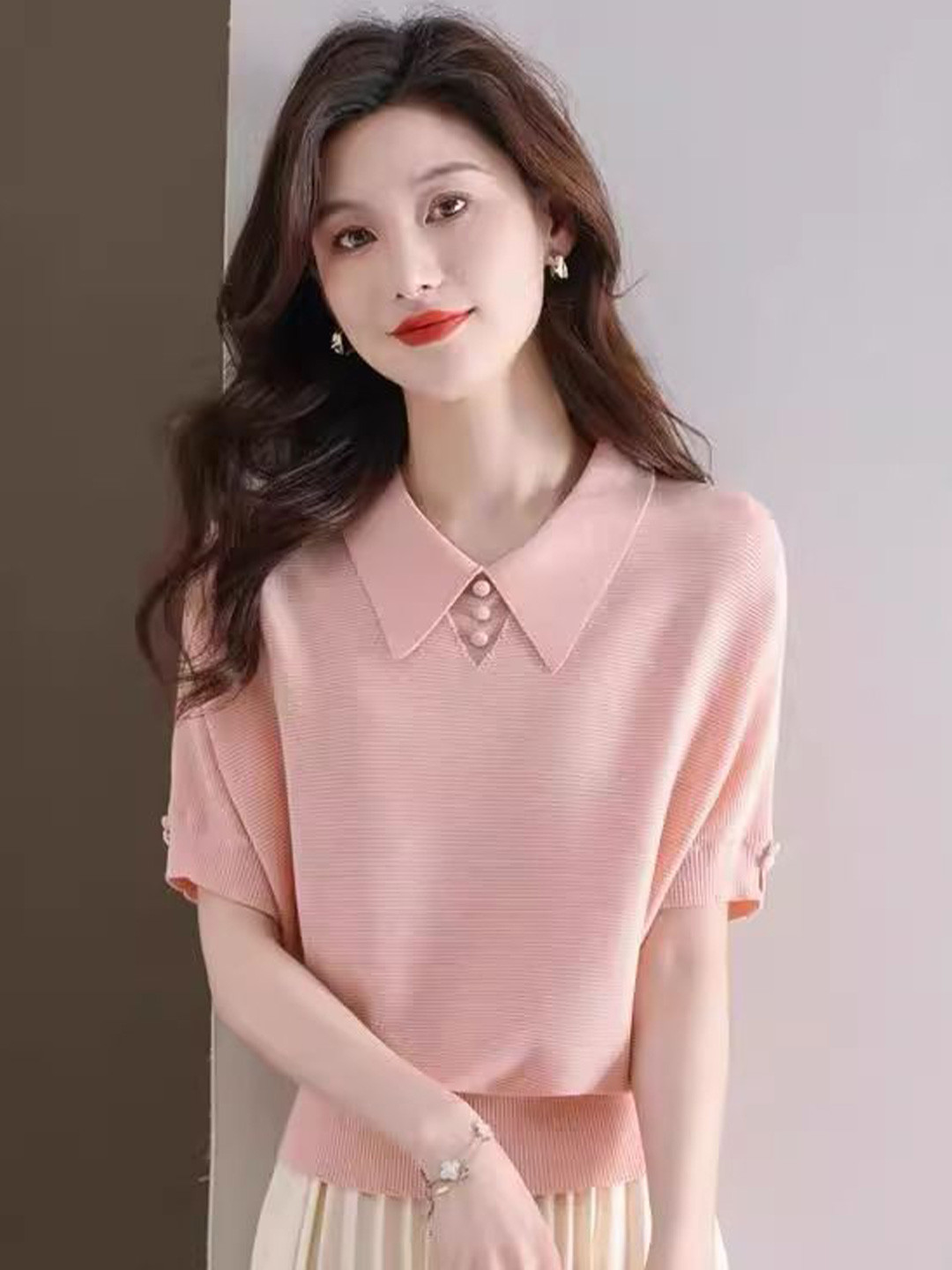 StyleCast Women Peach Knit Top with Pearl Detail