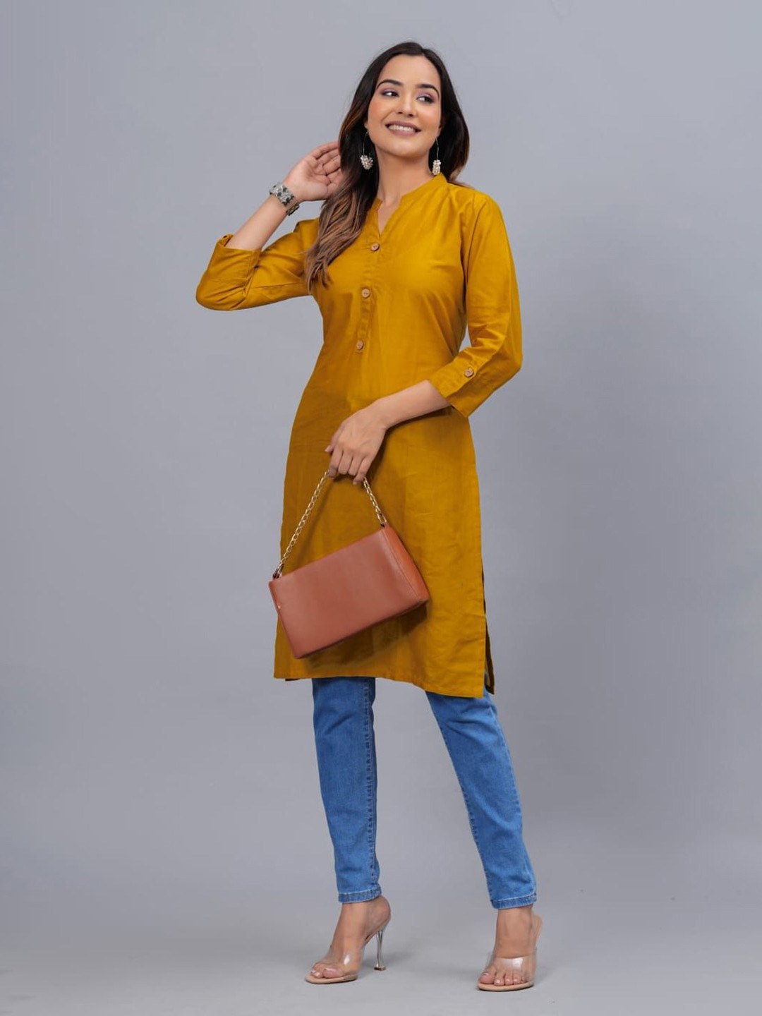 CROESUS Women Mandarin Collar Roll-Up Sleeves Cotton A-Line Kurta