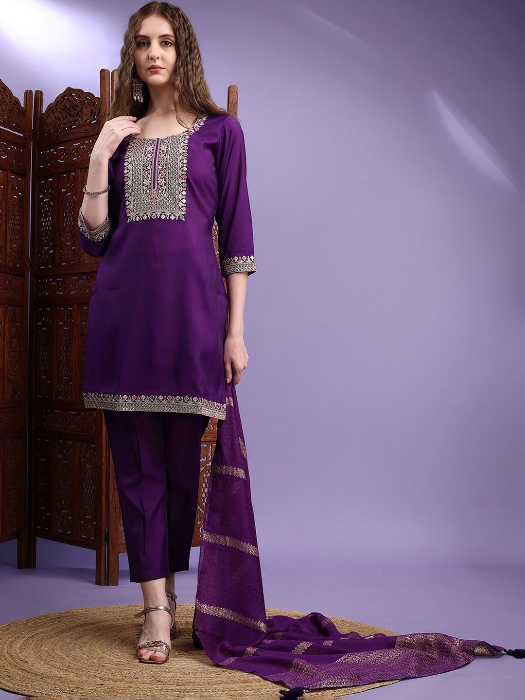 KALINI Voilet Cotton Silk Embroidered Kurta & Farshi Pant With Dupatta Set