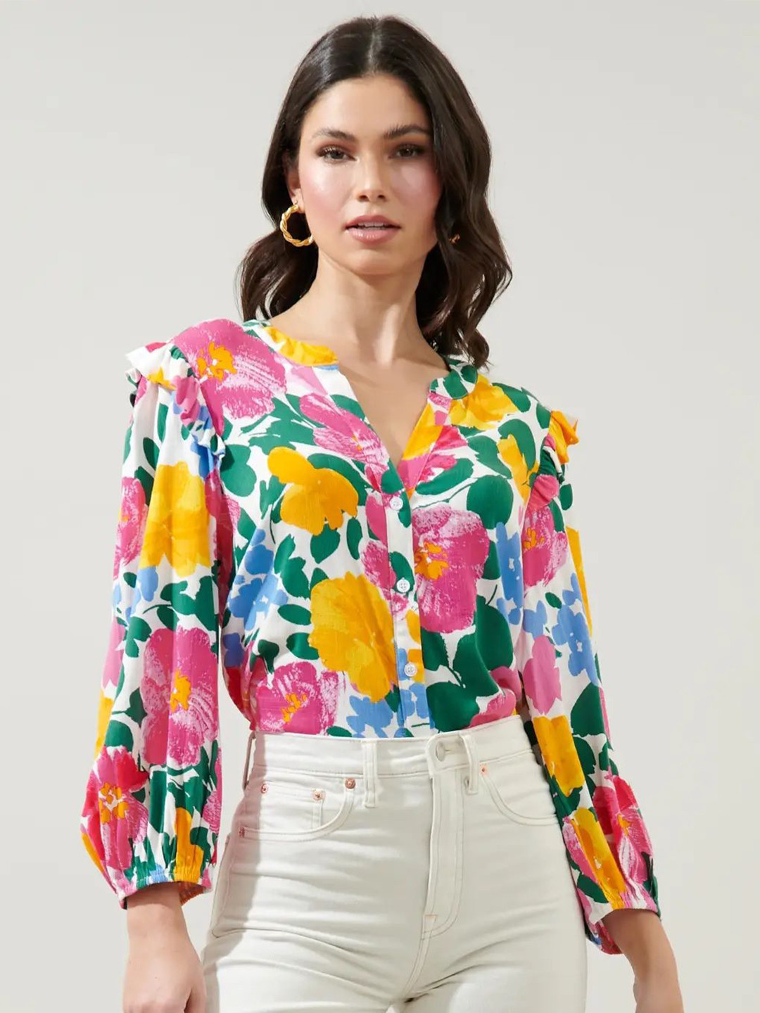 FNOCKS Floral Print Puff Sleeves Cotton Shirt Style Top