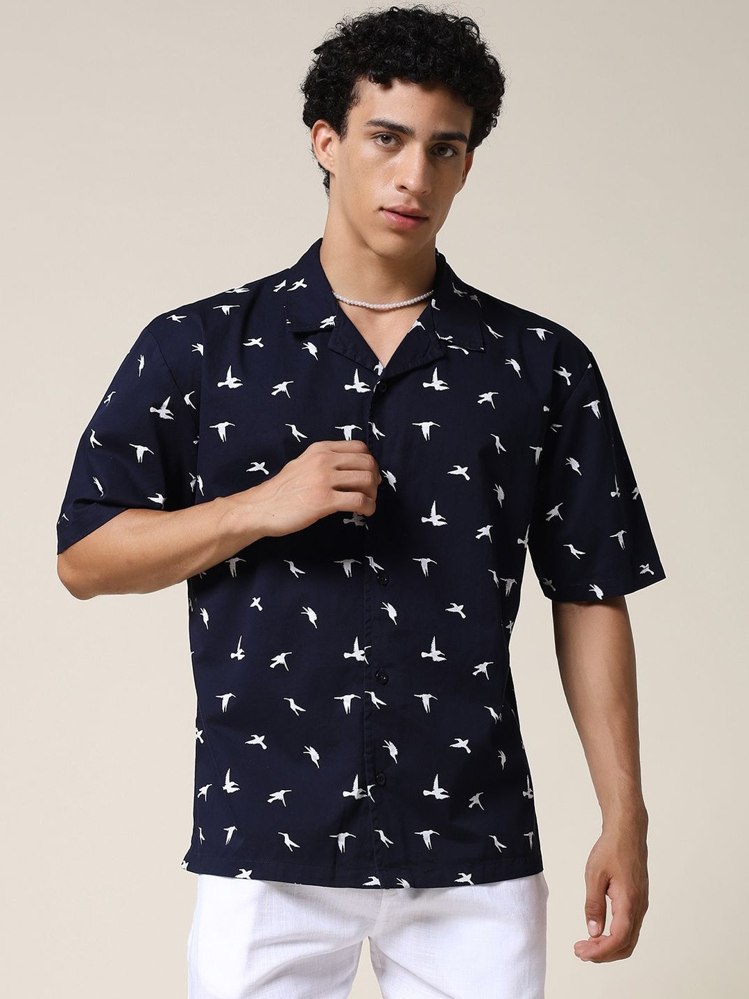 PRONK Men Navy Blue Half Sleeve Cotton Printed Casual Shirt
