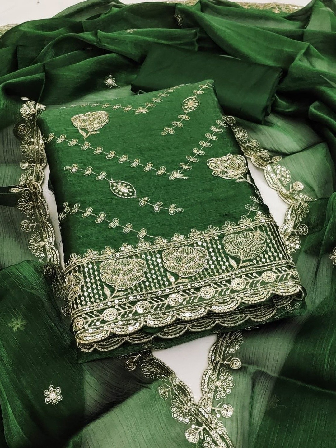 Green Barbari Silk Embroidery Work Unstitched Dress Material