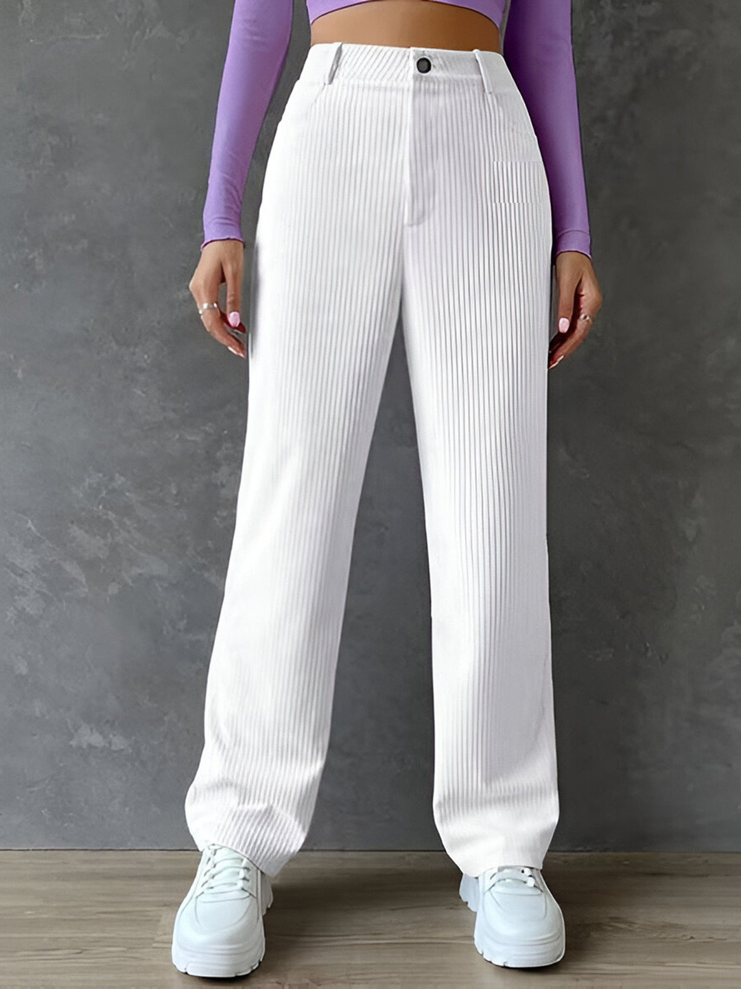 GIBBONTE Women Striped Relaxed High-Rise Trousers