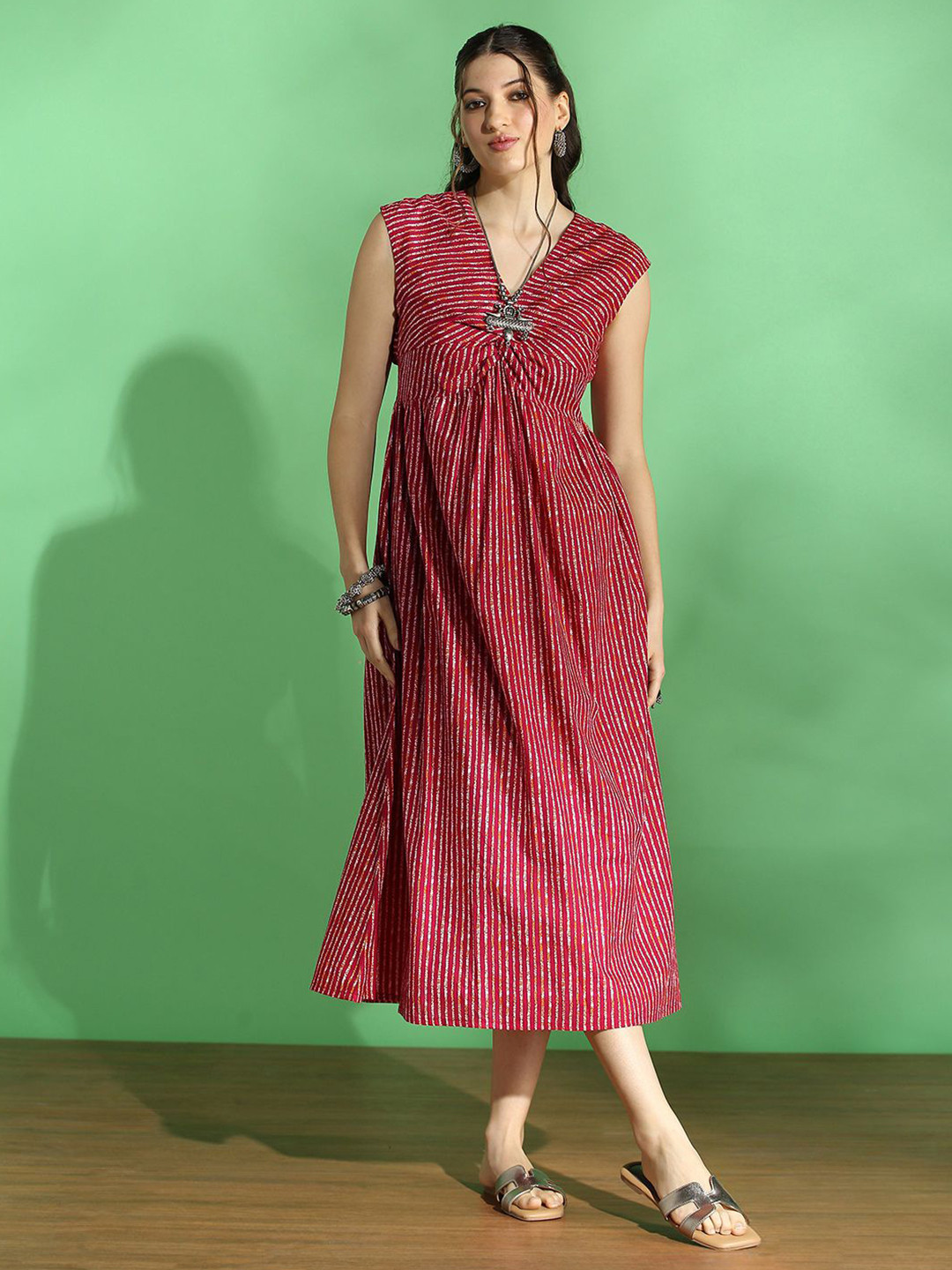 Globus Women V-Neck No Sleeves Pleated Fit & Flare Midi Ethnic Dress