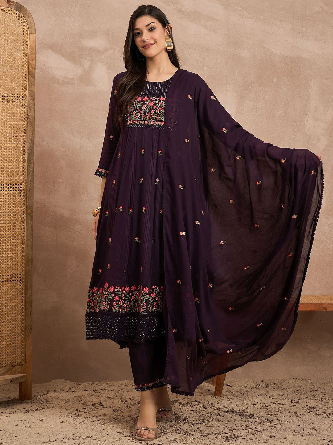 CHETI Women Oraganic Cotton Dobby Textured Kurta Set with Trousers & With Dupatta