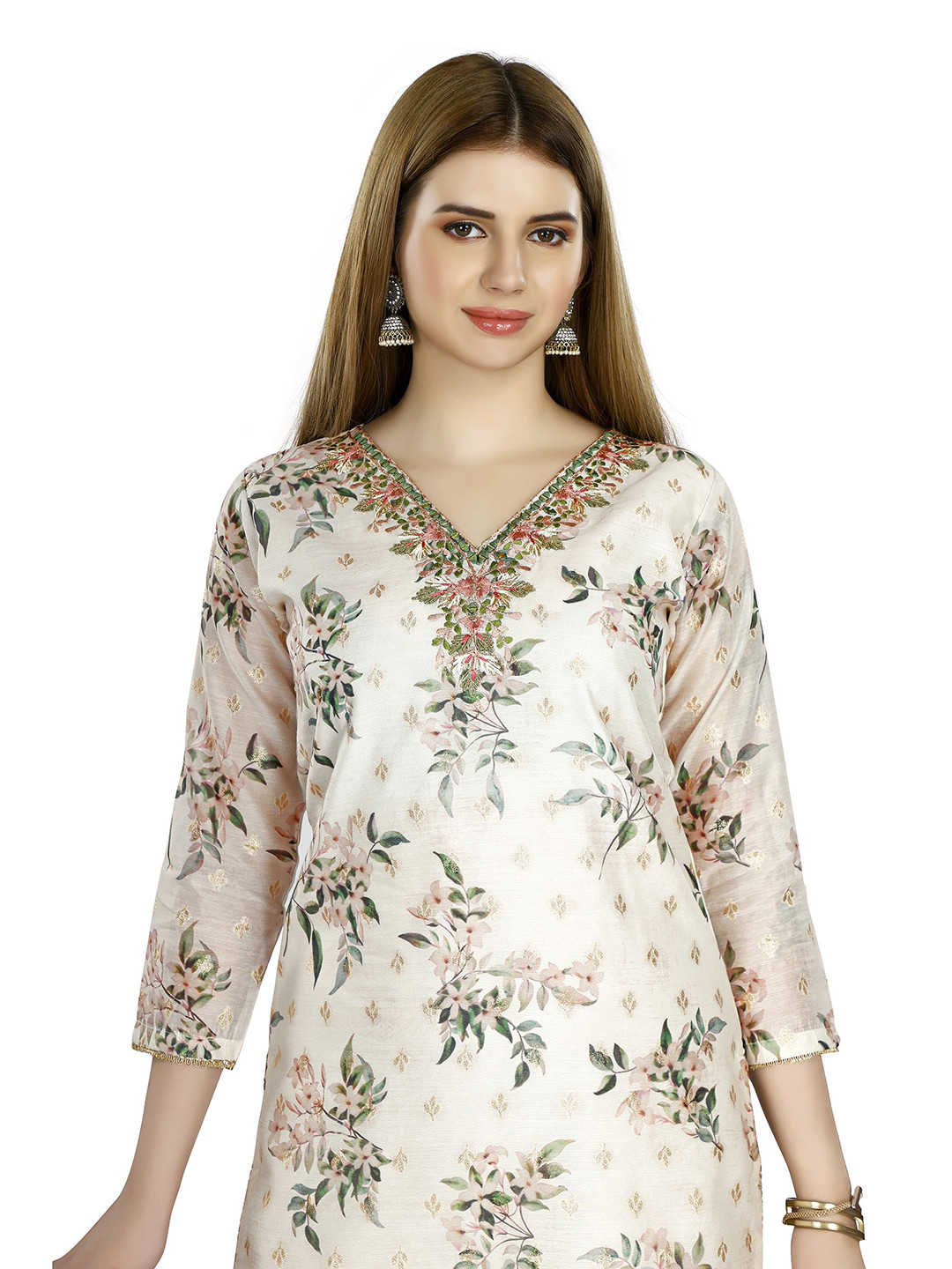 IRIS WOMEN Floral Printed V-Neck Thread Work Chanderi Silk Straight Kurta