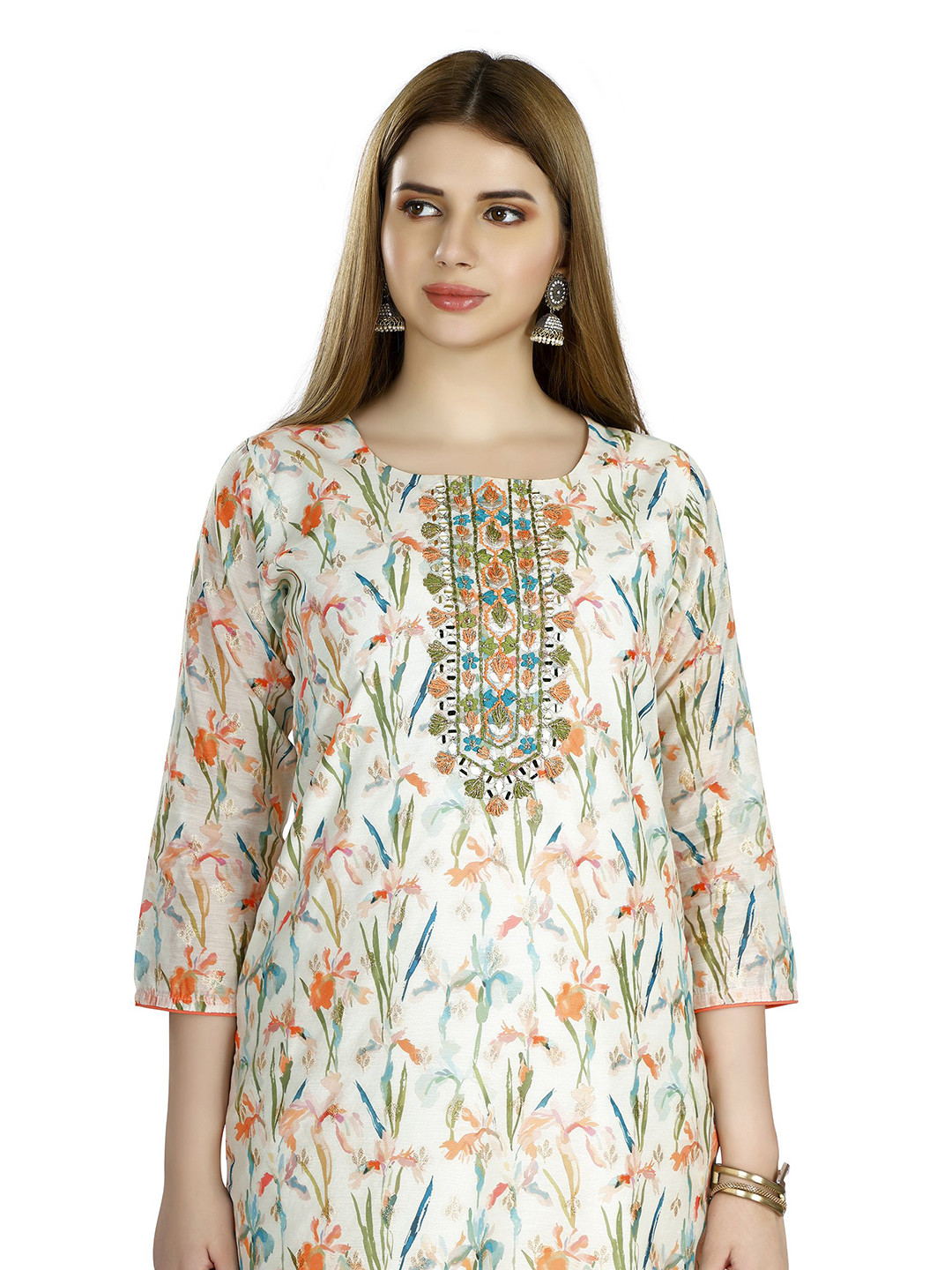 IRIS WOMEN Women Floral Embroidered Round Neck Thread Work Chanderi Silk Kurta