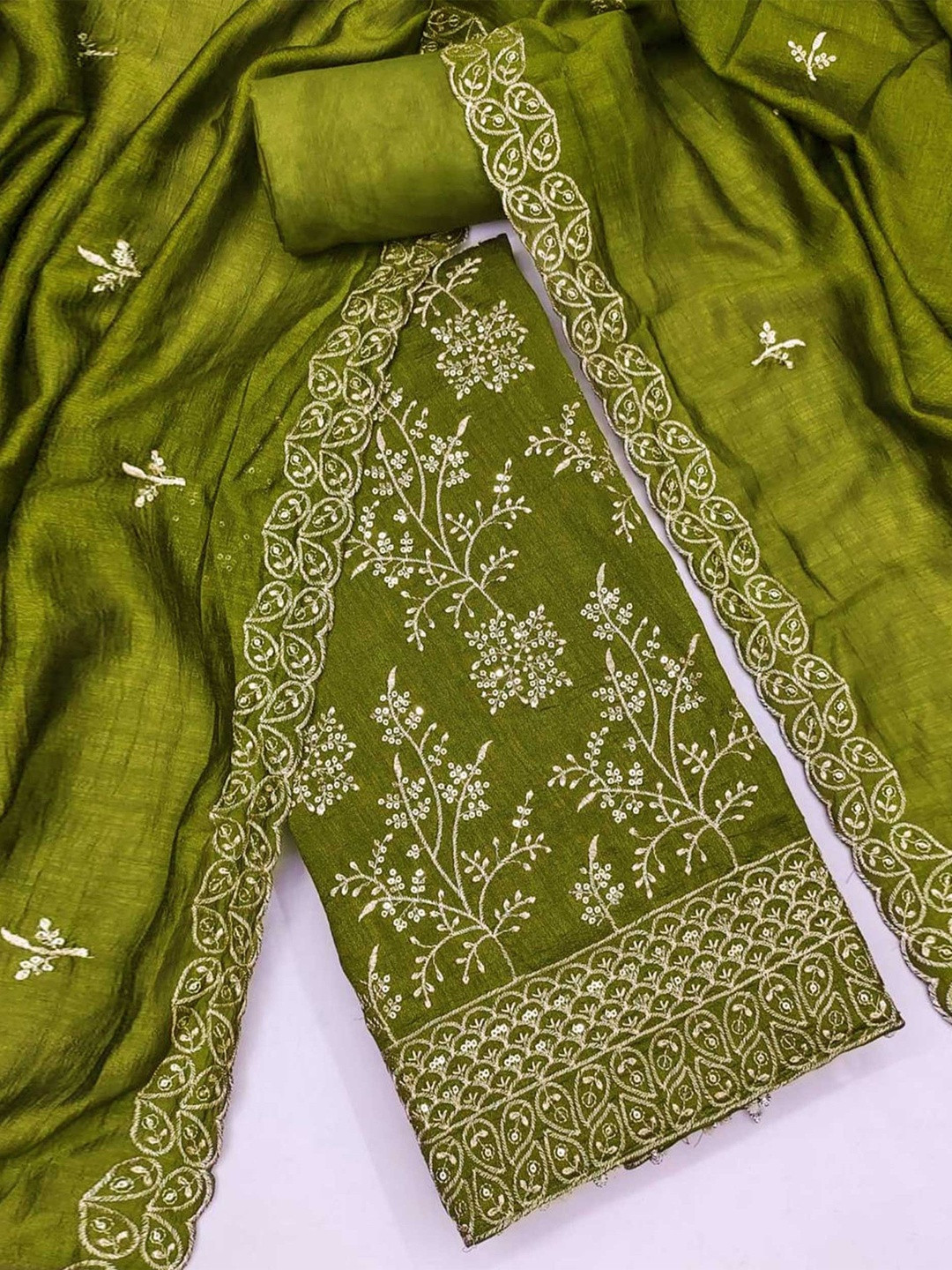 Green Sequins and Thread Embroidery Unstitched Vichitra Silk Dress Material