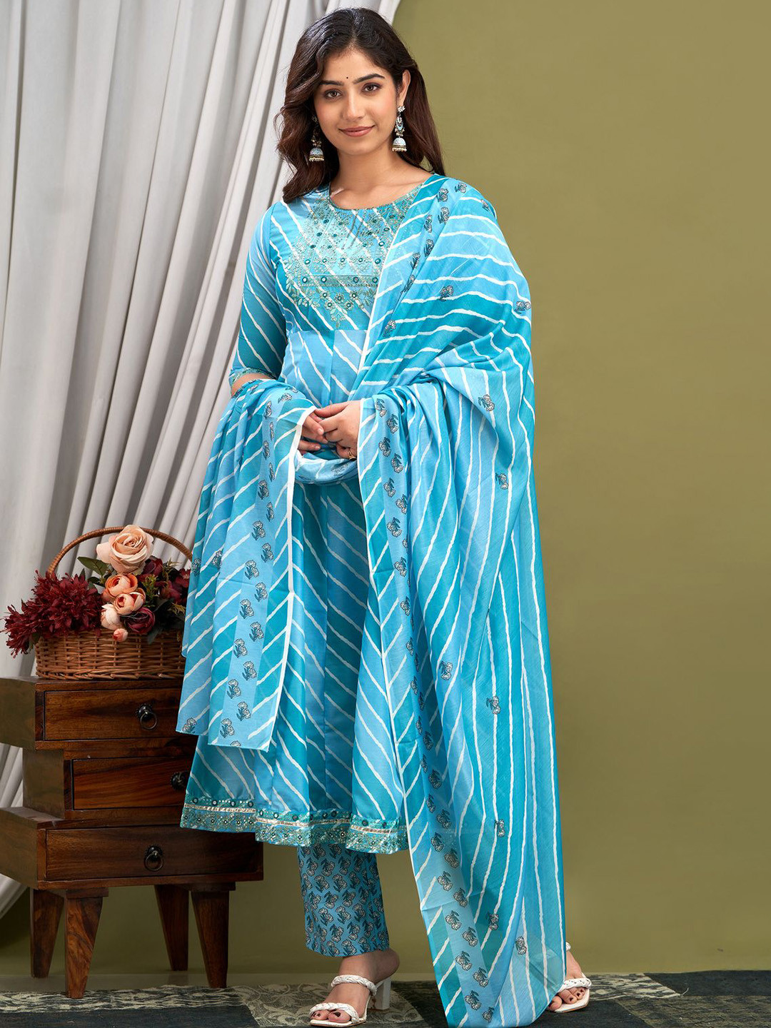 SARAI CREATIONS Leheriya Printed Cotton Silk A-Line Kurta With Trousers & Dupatta