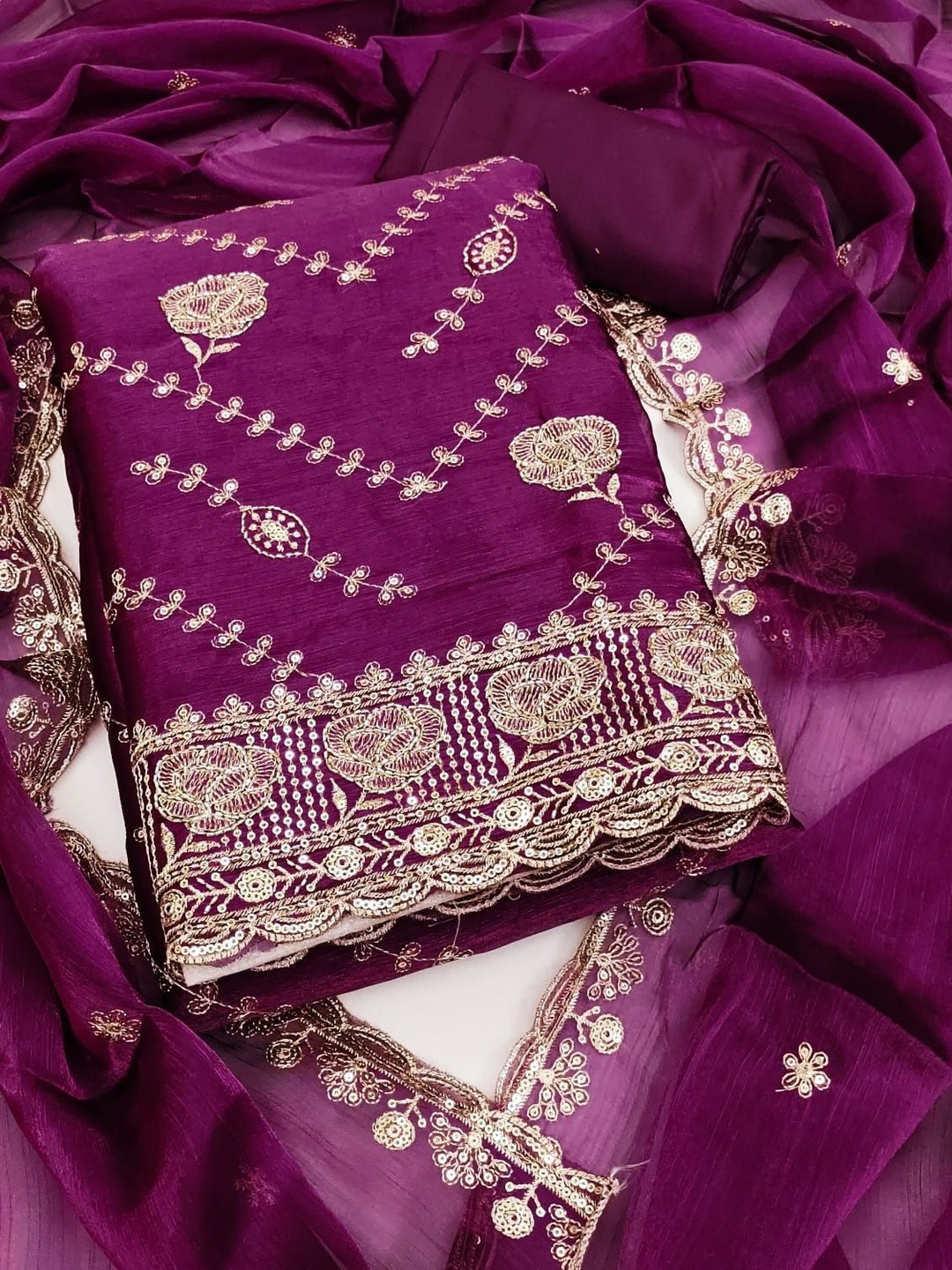 Purple Barbari Silk Embroidery Work Unstitched Dress Material