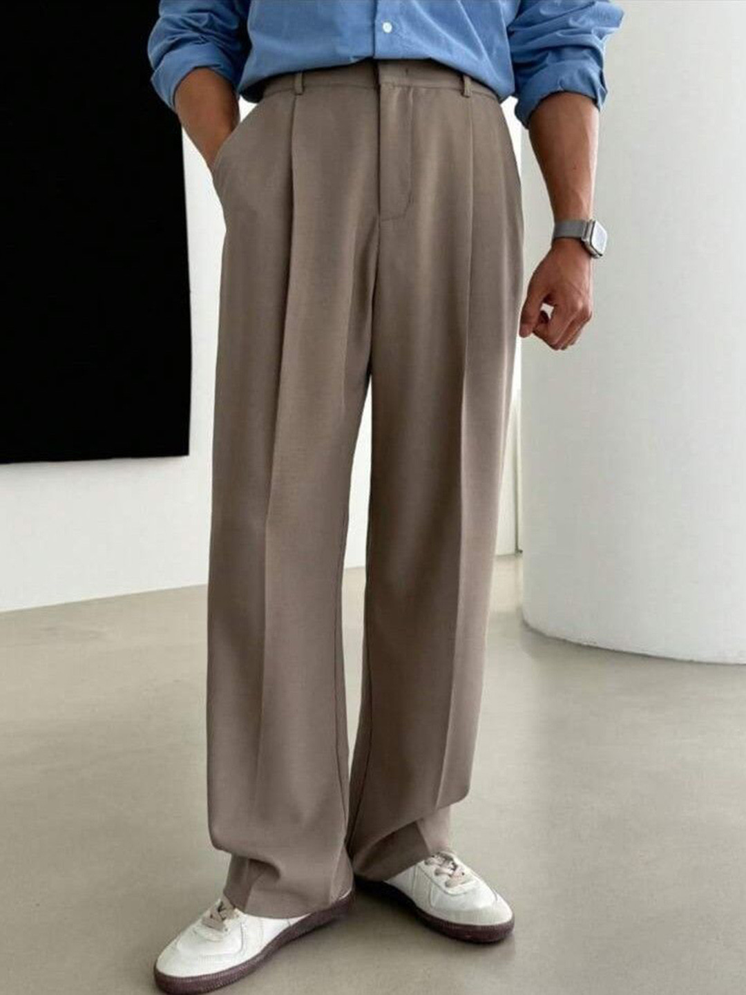COVZ Men Relaxed Straight Leg Loose Fit Easy Wash Pleated Korean Pants