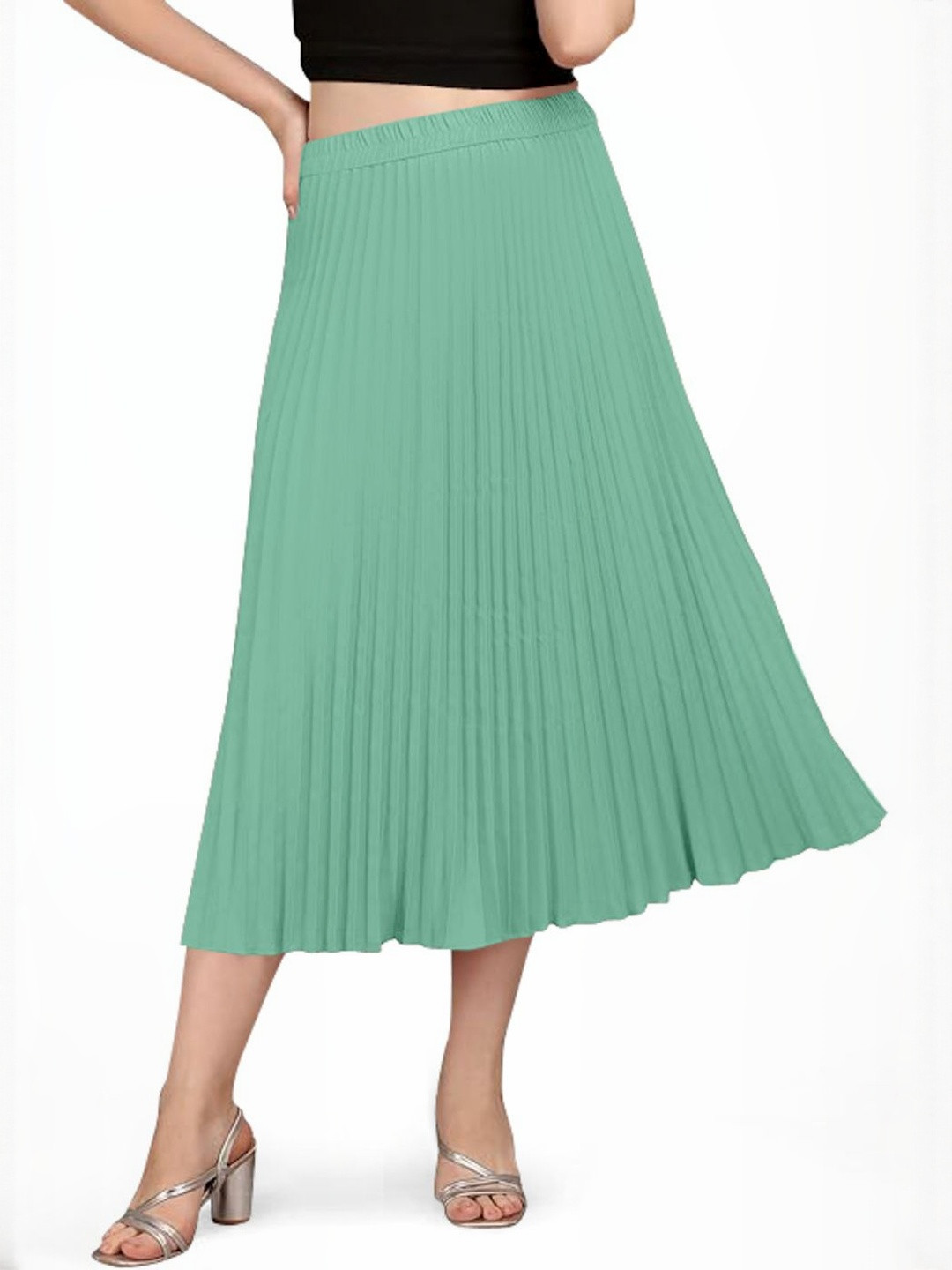 KIPZY Women Green Polyester Knee Length Pleated Skirt